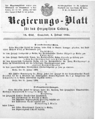 Regierungs-Blatt für das Herzogtum Coburg (Coburger Regierungs-Blatt) Samstag 3. Februar 1894