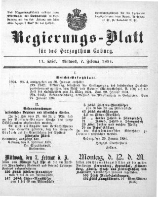 Regierungs-Blatt für das Herzogtum Coburg (Coburger Regierungs-Blatt) Mittwoch 7. Februar 1894