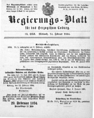 Regierungs-Blatt für das Herzogtum Coburg (Coburger Regierungs-Blatt) Mittwoch 14. Februar 1894