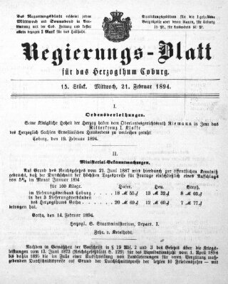 Regierungs-Blatt für das Herzogtum Coburg (Coburger Regierungs-Blatt) Mittwoch 21. Februar 1894