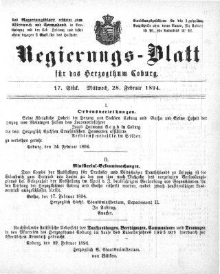 Regierungs-Blatt für das Herzogtum Coburg (Coburger Regierungs-Blatt) Mittwoch 28. Februar 1894