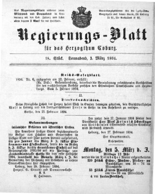 Regierungs-Blatt für das Herzogtum Coburg (Coburger Regierungs-Blatt) Samstag 3. März 1894