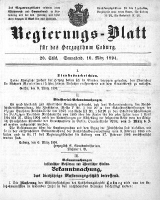 Regierungs-Blatt für das Herzogtum Coburg (Coburger Regierungs-Blatt) Samstag 10. März 1894