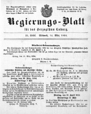 Regierungs-Blatt für das Herzogtum Coburg (Coburger Regierungs-Blatt) Mittwoch 14. März 1894