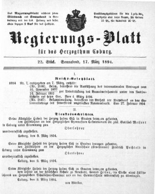 Regierungs-Blatt für das Herzogtum Coburg (Coburger Regierungs-Blatt) Samstag 17. März 1894