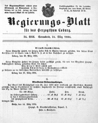 Regierungs-Blatt für das Herzogtum Coburg (Coburger Regierungs-Blatt) Samstag 24. März 1894