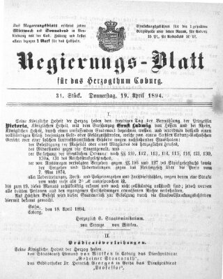 Regierungs-Blatt für das Herzogtum Coburg (Coburger Regierungs-Blatt) Donnerstag 19. April 1894