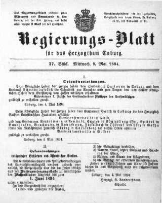 Regierungs-Blatt für das Herzogtum Coburg (Coburger Regierungs-Blatt) Mittwoch 9. Mai 1894