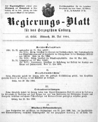 Regierungs-Blatt für das Herzogtum Coburg (Coburger Regierungs-Blatt) Mittwoch 30. Mai 1894