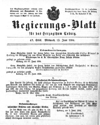 Regierungs-Blatt für das Herzogtum Coburg (Coburger Regierungs-Blatt) Mittwoch 13. Juni 1894