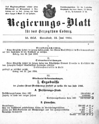 Regierungs-Blatt für das Herzogtum Coburg (Coburger Regierungs-Blatt) Samstag 23. Juni 1894