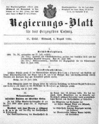 Regierungs-Blatt für das Herzogtum Coburg (Coburger Regierungs-Blatt) Mittwoch 1. August 1894