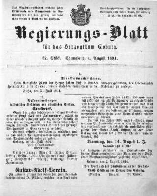 Regierungs-Blatt für das Herzogtum Coburg (Coburger Regierungs-Blatt) Samstag 4. August 1894