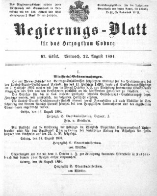 Regierungs-Blatt für das Herzogtum Coburg (Coburger Regierungs-Blatt) Mittwoch 22. August 1894