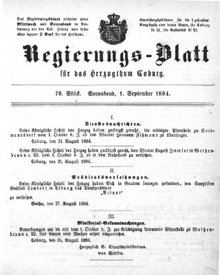 Regierungs-Blatt für das Herzogtum Coburg (Coburger Regierungs-Blatt) Samstag 1. September 1894