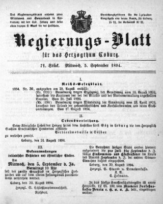 Regierungs-Blatt für das Herzogtum Coburg (Coburger Regierungs-Blatt) Mittwoch 5. September 1894