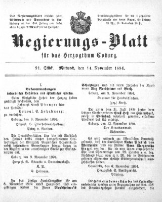 Regierungs-Blatt für das Herzogtum Coburg (Coburger Regierungs-Blatt) Mittwoch 14. November 1894