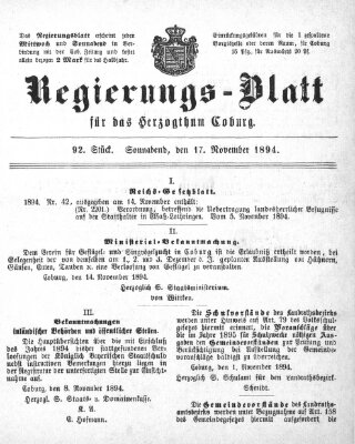 Regierungs-Blatt für das Herzogtum Coburg (Coburger Regierungs-Blatt) Samstag 17. November 1894