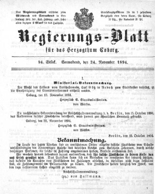 Regierungs-Blatt für das Herzogtum Coburg (Coburger Regierungs-Blatt) Samstag 24. November 1894