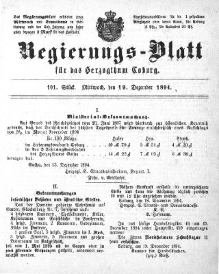 Regierungs-Blatt für das Herzogtum Coburg (Coburger Regierungs-Blatt) Mittwoch 19. Dezember 1894