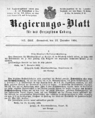 Regierungs-Blatt für das Herzogtum Coburg (Coburger Regierungs-Blatt) Samstag 22. Dezember 1894