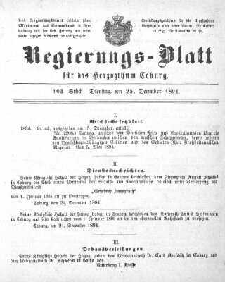 Regierungs-Blatt für das Herzogtum Coburg (Coburger Regierungs-Blatt) Dienstag 25. Dezember 1894