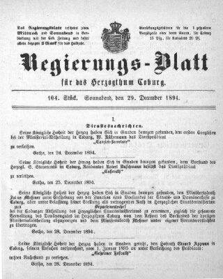 Regierungs-Blatt für das Herzogtum Coburg (Coburger Regierungs-Blatt) Samstag 29. Dezember 1894