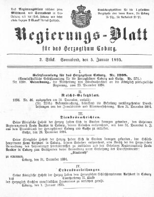 Regierungs-Blatt für das Herzogtum Coburg (Coburger Regierungs-Blatt) Samstag 5. Januar 1895