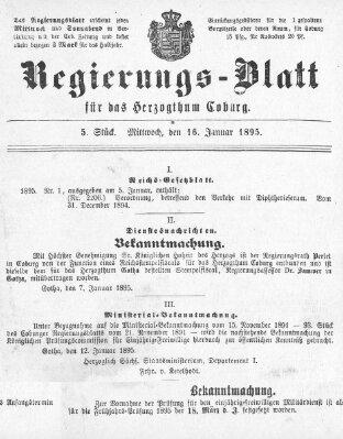 Regierungs-Blatt für das Herzogtum Coburg (Coburger Regierungs-Blatt) Mittwoch 16. Januar 1895