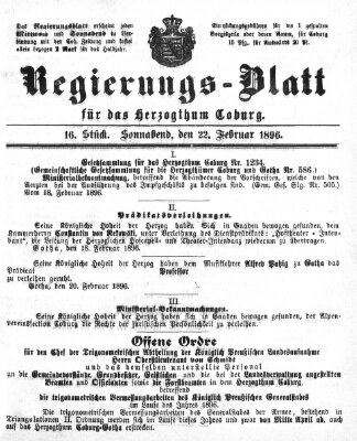 Regierungs-Blatt für das Herzogtum Coburg (Coburger Regierungs-Blatt) Samstag 22. Februar 1896