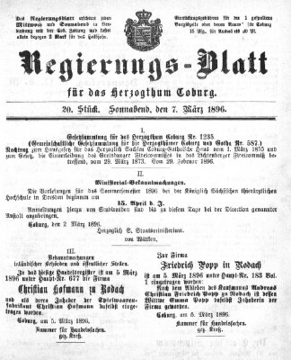 Regierungs-Blatt für das Herzogtum Coburg (Coburger Regierungs-Blatt) Samstag 7. März 1896