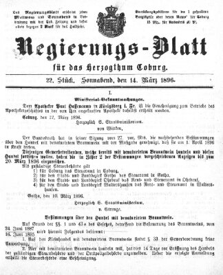 Regierungs-Blatt für das Herzogtum Coburg (Coburger Regierungs-Blatt) Samstag 14. März 1896