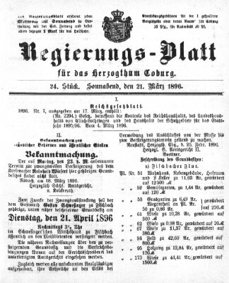 Regierungs-Blatt für das Herzogtum Coburg (Coburger Regierungs-Blatt) Samstag 21. März 1896