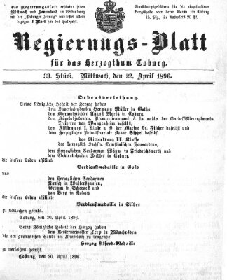 Regierungs-Blatt für das Herzogtum Coburg (Coburger Regierungs-Blatt) Mittwoch 22. April 1896