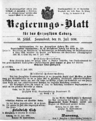 Regierungs-Blatt für das Herzogtum Coburg (Coburger Regierungs-Blatt) Samstag 18. Juli 1896