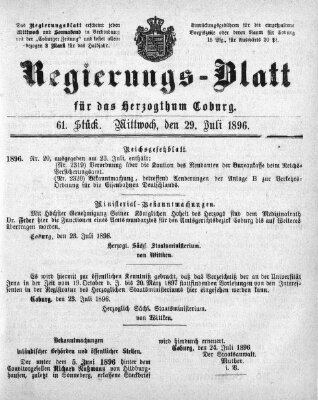 Regierungs-Blatt für das Herzogtum Coburg (Coburger Regierungs-Blatt) Mittwoch 29. Juli 1896