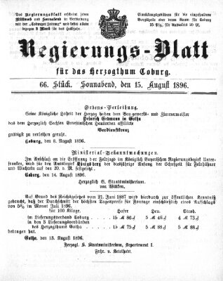 Regierungs-Blatt für das Herzogtum Coburg (Coburger Regierungs-Blatt) Samstag 15. August 1896