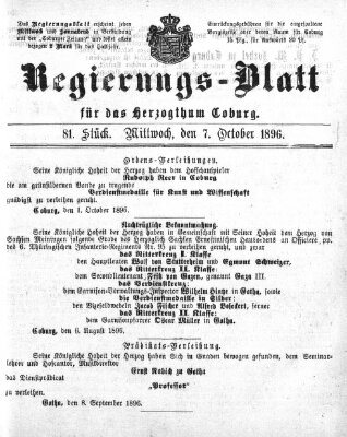 Regierungs-Blatt für das Herzogtum Coburg (Coburger Regierungs-Blatt) Mittwoch 7. Oktober 1896