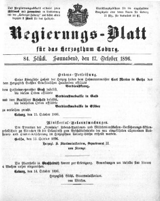 Regierungs-Blatt für das Herzogtum Coburg (Coburger Regierungs-Blatt) Samstag 17. Oktober 1896