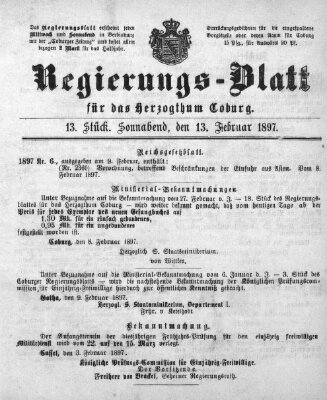 Regierungs-Blatt für das Herzogtum Coburg (Coburger Regierungs-Blatt) Samstag 13. Februar 1897