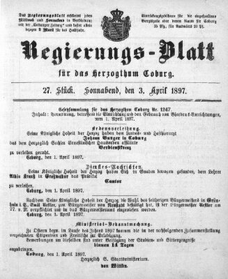 Regierungs-Blatt für das Herzogtum Coburg (Coburger Regierungs-Blatt) Samstag 3. April 1897