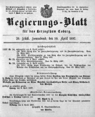 Regierungs-Blatt für das Herzogtum Coburg (Coburger Regierungs-Blatt) Samstag 10. April 1897