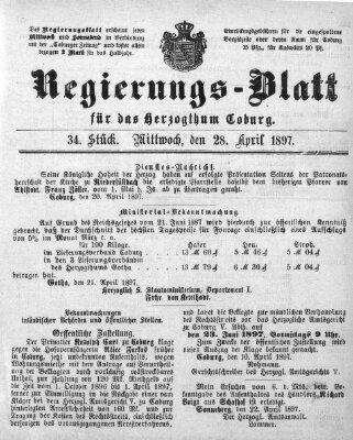 Regierungs-Blatt für das Herzogtum Coburg (Coburger Regierungs-Blatt) Mittwoch 28. April 1897