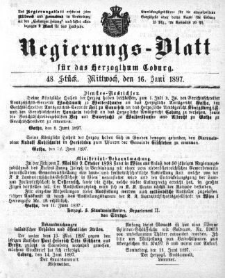 Regierungs-Blatt für das Herzogtum Coburg (Coburger Regierungs-Blatt) Mittwoch 16. Juni 1897