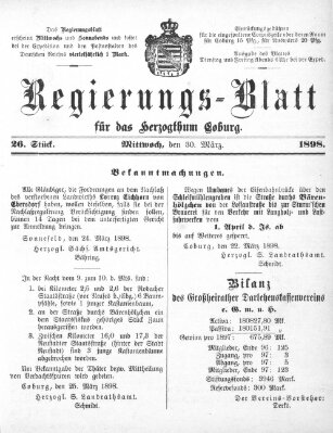 Regierungs-Blatt für das Herzogtum Coburg (Coburger Regierungs-Blatt) Mittwoch 30. März 1898