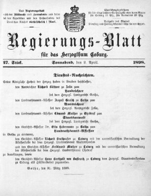 Regierungs-Blatt für das Herzogtum Coburg (Coburger Regierungs-Blatt) Samstag 2. April 1898