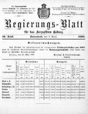 Regierungs-Blatt für das Herzogtum Coburg (Coburger Regierungs-Blatt) Samstag 9. April 1898