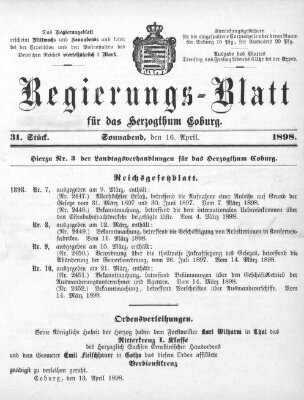 Regierungs-Blatt für das Herzogtum Coburg (Coburger Regierungs-Blatt) Samstag 16. April 1898