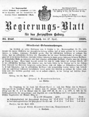 Regierungs-Blatt für das Herzogtum Coburg (Coburger Regierungs-Blatt) Mittwoch 27. April 1898