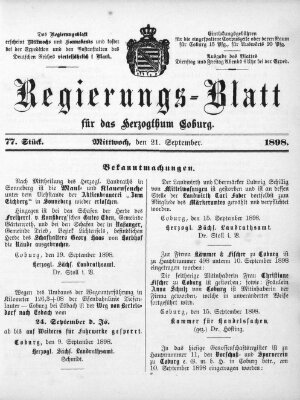 Regierungs-Blatt für das Herzogtum Coburg (Coburger Regierungs-Blatt) Mittwoch 21. September 1898